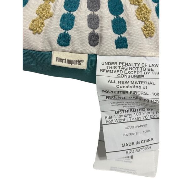 Pier 1 Embroidered Sunburst Pillow Teal Gold White 16 x 16 - Picture 9 of 11